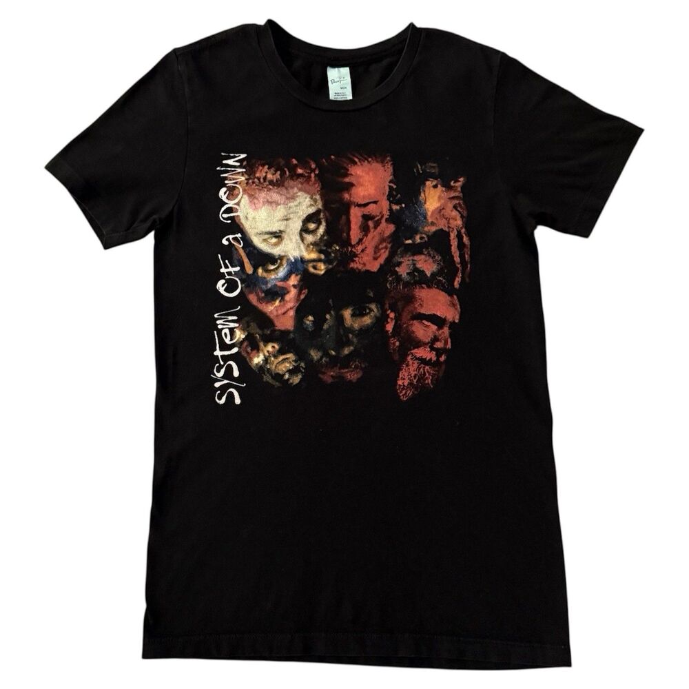 Y2k System of a Down Band T-Shirt Small Graphic Faces Print Black Tee Metal Band